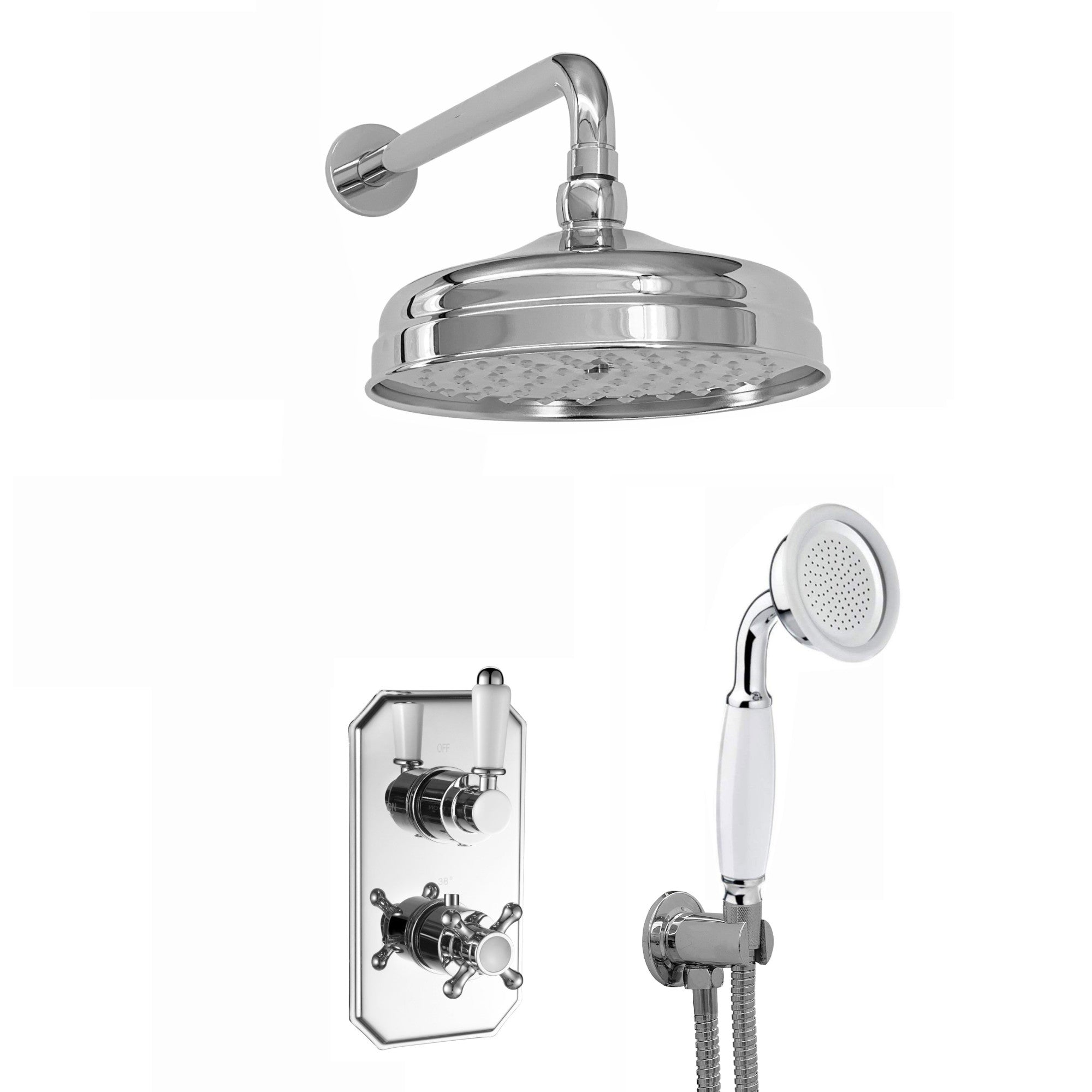 Regent Traditional Crosshead And White Lever Concealed Thermostatic Shower Set Incl. Twin Valve, Wall Fixed 8" Shower Head, Handshower Kit - Chrome (2 Outlet)